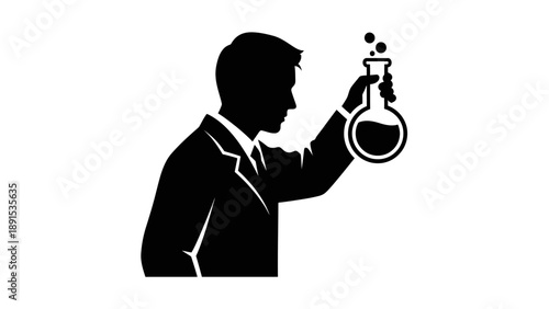 Silhouette of a scientist holding a flask with bubbling liquid.