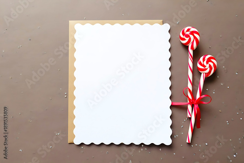 Empty white card with scalloped edges on a kraft envelope, next to candy canes and a red ribbon. Dark background.