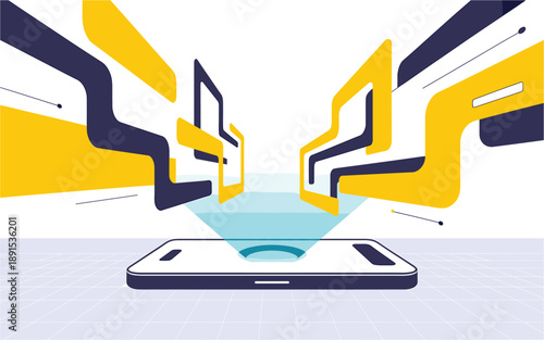 A modern smartphone with abstract yellow and blue shapes emerging from the screen in a vector graphic illustration.