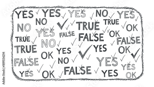 Assessment of Statements: A dynamic array of YES, NO, TRUE, FALSE, and OK statements underscores the pivotal role of evaluation and affirmation.