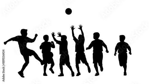 Silhouette of people playing volleyball on a white background.