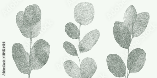 Plant elements with fine grain texture, scattered dust speckles and faint stains on aged paper surface with soft vintage distressed details.