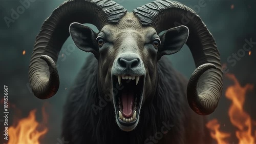 The beast from the earth, with two horns like a lamb, speaking like a dragon, performing great signs, menacing and dark imagery. Bible revelation Torah New testament Satan Lucifer symbolism. 
