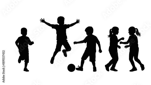 Silhouette of children playing and having fun together.
