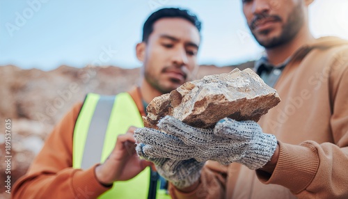 Geologists inspecting a raw rock sample at an outdoor excavation