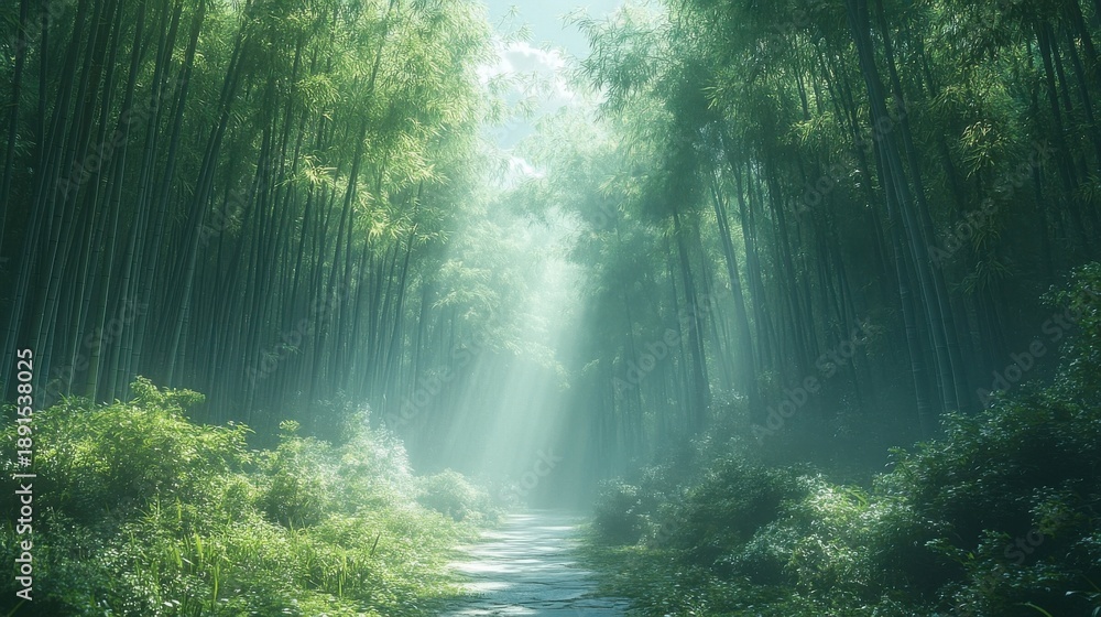 Fototapeta premium Sunlight Streams Through Lush Green Bamboo Forest Path With Verdant Foliage