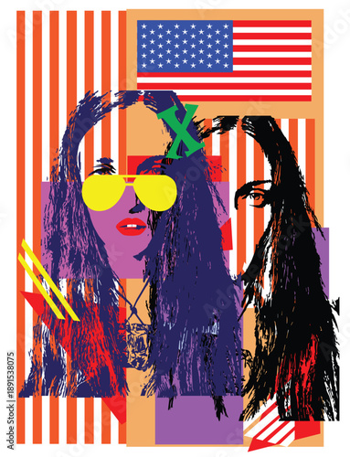 Potrait of two GIRLs WITH AMERICAN FLAG pop art collage