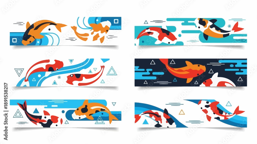 Fototapeta premium Set of 6 Japanese Koi Fish Banners with Abstract Blue and Orange Backgrounds