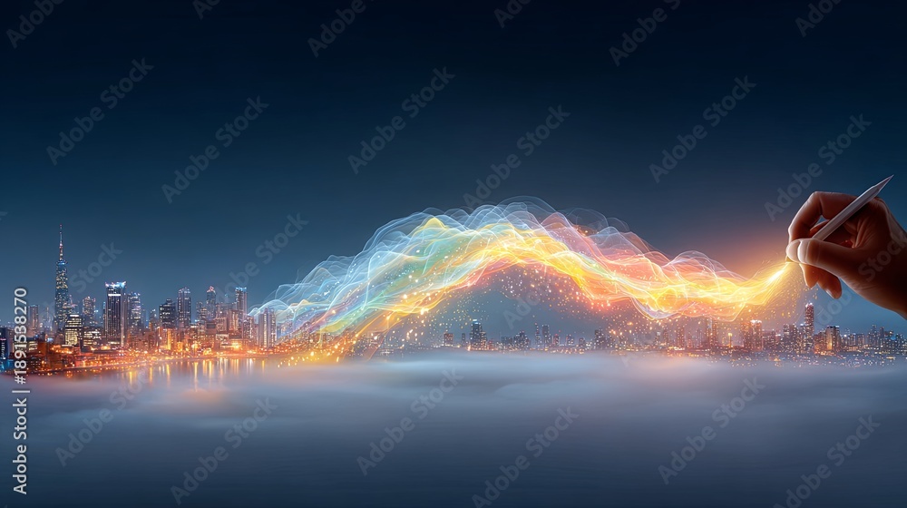 Naklejka premium A hand drawing a timeline that extends into a glowing, misty future area, with icons representing predicted technological advancements and societal changes