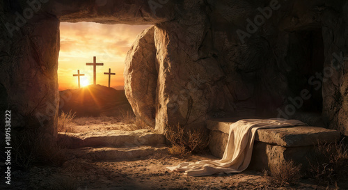 Empty tomb at sunrise with crosses on hill, Easter resurrection concept