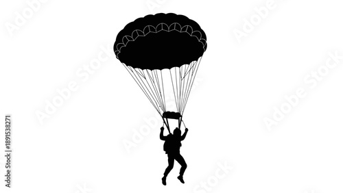 Silhouette of a Skydiver with Parachute in Mid-Air.