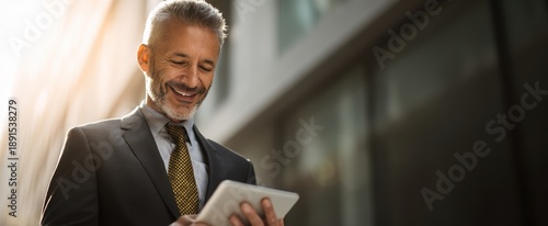 Wallpaper Mural The businessman using a tablet and smiling in a modern office with sunlight Torontodigital.ca