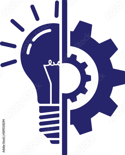 Blue silhouette of light bulb and gear wheel symbolizing idea and industry