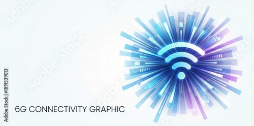 Futuristic 6G connectivity graphic concept with glowing Wi-Fi symbol and blue light speed burst explosion. High speed internet signal, wireless broadband power, and digital energy background