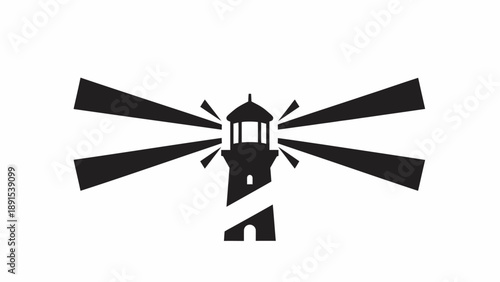 Striking Lighthouse Icon with Bold Beams on White Background.