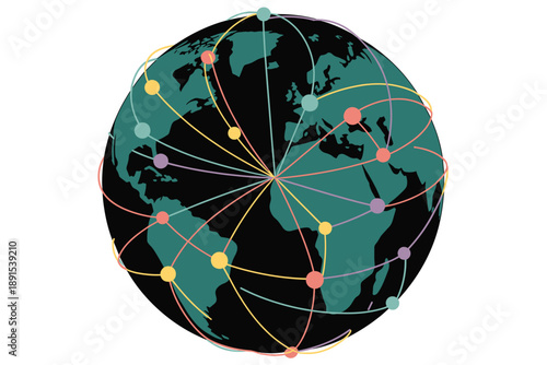 A colorful vector graphic illustration of a globe with lines and dots representing global connections