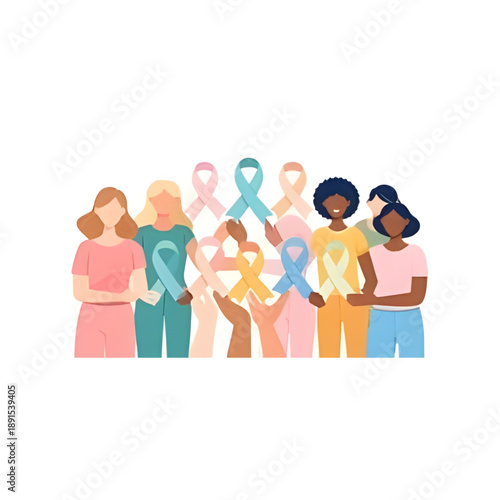 Diverse group of women holding awareness ribbons in various colors to support different causes