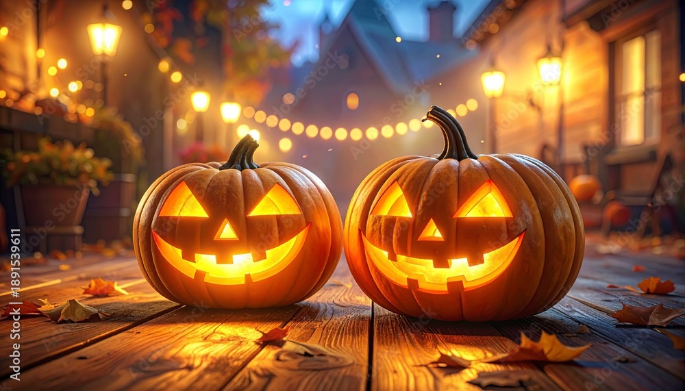 Fototapeta premium Glowing jack-o'-lanterns on wood, warm ambient light, autumn leaves, cozy Halloween indoor decor