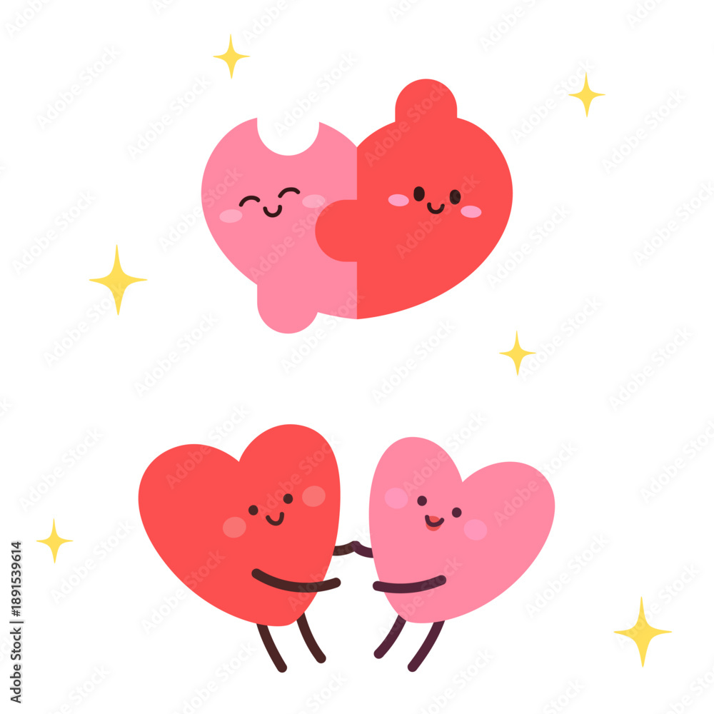 Fototapeta premium A set of adorable heart couples showing love, unity, and emotional closeness. Great for Valentine’s Day designs, greeting cards, stickers, and romantic illustrations.