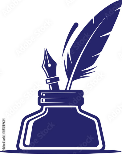 Fountain pen with feather and inkwell icon isolated on grey