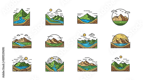 Set of 12 Flat Design Landscape Icons: Mountains, Rivers, Lakes, Sun, Clouds