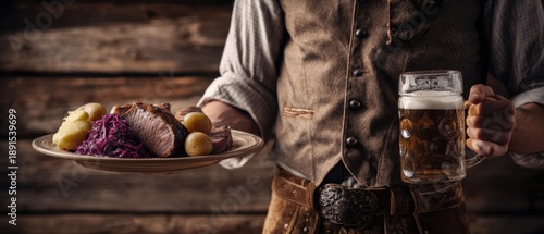 The Bavarian platter of roast beef, potatoes, red cabbage and beer mug