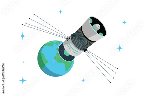 A vector graphic illustration of a satellite orbiting the Earth with solar panels and stars in the background