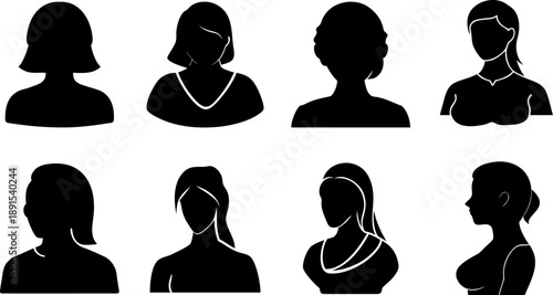 Set of women silhouette avatars in different head and shoulder poses, isolated on transparent background, user or profile icons