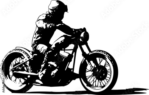Vintage bike racing. Black and white graphic illustration of a motorcyclist riding a vintage chopper motorcycle