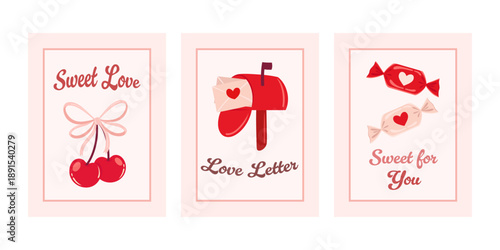 Set of romantic greeting cards for Valentine's Day with cherries, mailbox, and sweets. Vector collection of vertical banners with hearts and love letters for holiday stationery and social media.