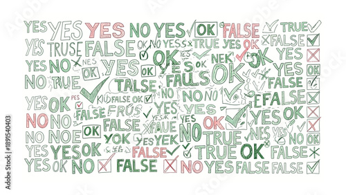 Decision Making Collage: A vibrant collage of 'Yes,' 'No,' 'OK,' 'True,' and 'False' words and symbols create a thought-provoking visual representation of choices and affirmations.