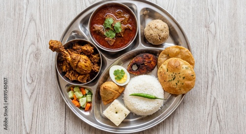 Authentic Indian Non-Vegetarian Thali with Chicken Curry, Fish Fry, Rice and Puri - Traditional Festive Meal Platter
