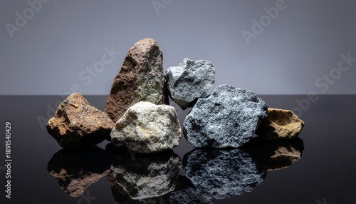 Assorted natural rock specimens creating a textural display