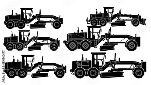 Set of Black and White Grader Machine Silhouettes - Construction Equipment