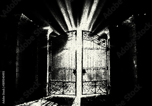 Ancient ruins in sci-fi scene with dotwork retro style. Mysterious gate debris with dramatic lights and retro texture