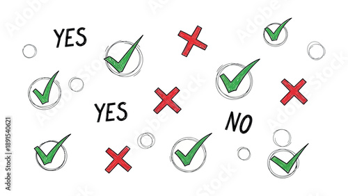 Decision making choice concept: An illustration showcasing a dynamic arrangement of yes/no choices, symbolized by check marks and x marks, circling each decision with the yes and no labels.