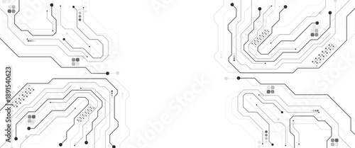 Circuit board technology background with AI chip and computer components. Abstract electronics tech innovation concept. Tech pattern on a futuristic backdrop. Digital vector illustration .