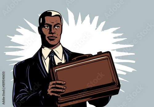Pop art style african businessman in suit holding brown briefcase with starburst background.