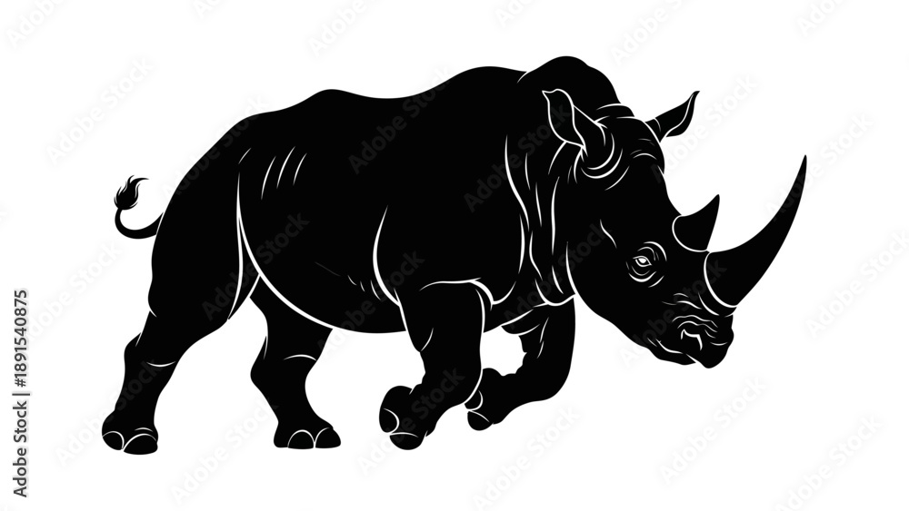 Obraz premium Silhouette of a Strong Rhinoceros on a White Background.