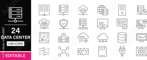 Data center editable line icons pack. Global, cyberspace, computer, connection, backup, server, chips, security, recovery, network, system and more icons.