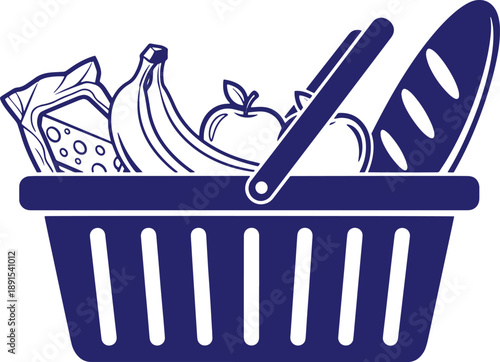 Shopping basket filled with groceries, representing purchasing food