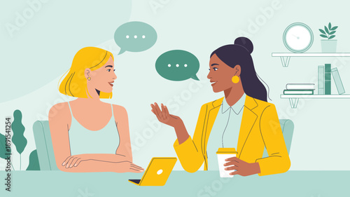 Two women having conversation at office table illustration representing communication, teamwork, discussion and professional collaboration concept