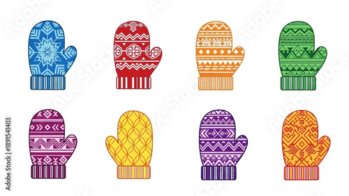 Set of Colorful Knitted Mittens with Nordic Patterns, Winter Warm Accessories