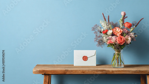 Bouquet and envelope with wax seal on bench against blue wall