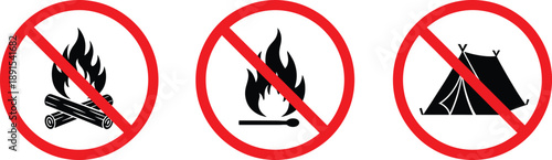 No Fire and Camping Prohibited Sign Set with Campfire Lit Match and Tent Icons for Forest Safety