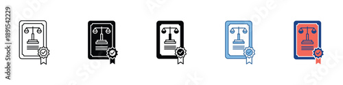 Versatile legal document icon illustrating the scales of justice, official certification, and regulatory compliance, signifying authority and validation