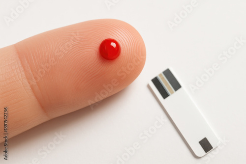 Blood drop on fingertip near test strip for glucose monitoring, close up macro image showing medical testing concept