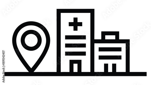 Hospital location icon with medical building and map pin symbol in minimal outline style representing healthcare services and emergency facility concept