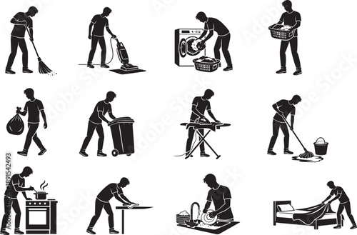 Household chores silhouette icon set with man performing daily tasks