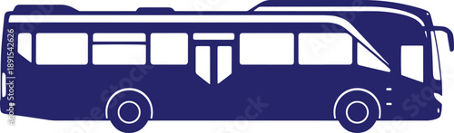 Blue bus silhouette icon with windows and wheels isolated on white
